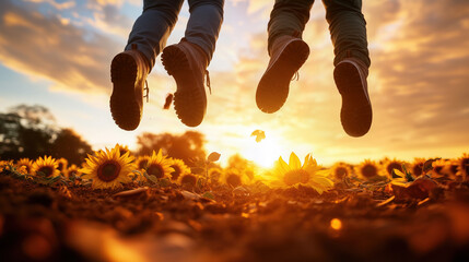 Couple's legs mid jump above a sunflower field at sunset, boots kicking through golden blooms, radiating joy, freedom and warm summer romance during golden hour