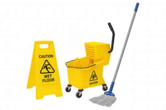 Cleaning equipment set with a yellow wet floor caution sign and mop bucket, showing safety and hygiene concepts