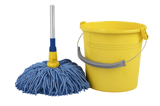 Yellow cleaning bucket and blue mop isolated on transparent background - Powered by Adobe