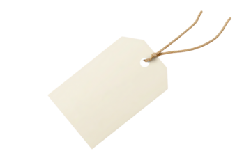 Blank beige gift tag with string isolated on transparent background