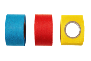 Three rolls of brightly colored athletic tape, isolated against a black background