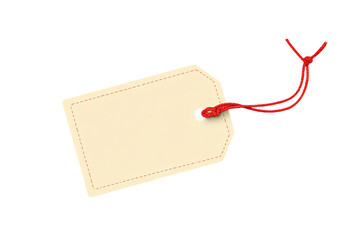 Blank beige gift tag with red string isolated on transparent background