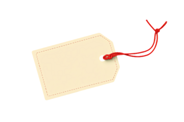 Blank beige gift tag with red string isolated on transparent background