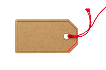 Blank brown cardboard tag with red border and string isolated on transparent background