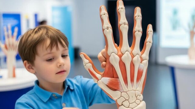Boy exploring anatomy, examining anatomical model of human hand in science museum exhibit. Anatomy education involves this young learner as he discovers the human hand with bones, muscles, tendons. - Powered by Adobe