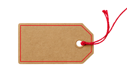 Blank brown cardboard tag with red border and string isolated on transparent background