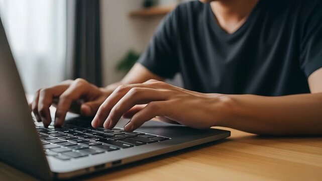 Closeup of hands typing on a laptop keyboard, working on a project at home or office - Powered by Adobe