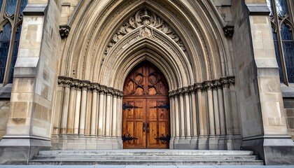 A grand arched doorway with wooden double doors