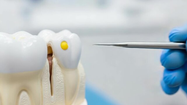 Dental work on tooth model in modern clinic, showing root canal treatment. Dental work includes detailed tooth structures for educational purposes.