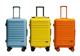 Three colorful rolling suitcases arranged on a stark black background