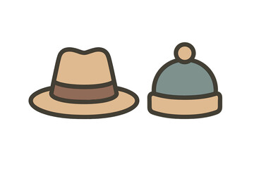 Classic fedora and knitted winter beanie hat icons collection