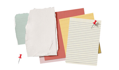 A collection of torn, lined, and colorful paper notes, secured with red pushpins, arranged together