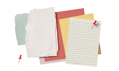A collection of torn, lined, and colorful paper notes, secured with red pushpins, arranged together