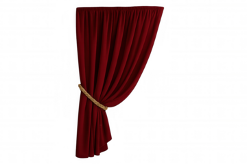 Red velvet stage curtain with gold rope tie-back, grand draping for theater or show background