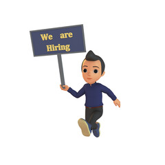 Man Holding We Are Hiring Board 3D Illustration