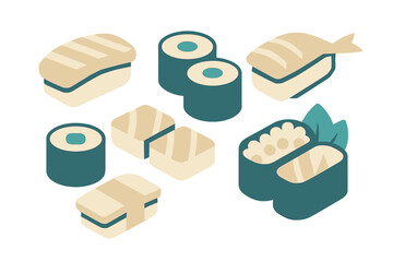 Isometric icons of assorted sushi and maki rolls for Japanese cuisine © icon_art