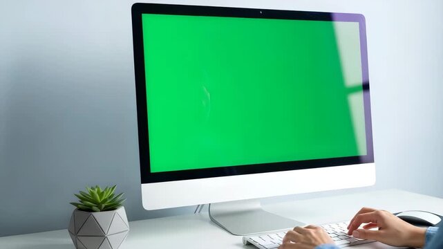 Person typing on a keyboard in front of a computer with a green screen