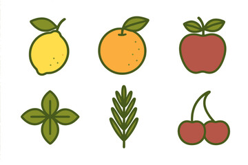 Fototapeta na wymiar Stylized icons of common fruits and fresh herbs including lemon orange apple and cherry