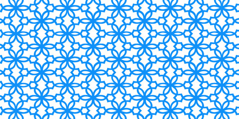 Seamless blue geometric pattern with floral and star shapes on white background.