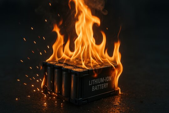 Electric vehicle battery fire. A burning lithium-ion battery with flames and sparks against a dark background.