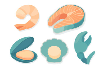 Assortment of fresh seafood icons featuring shrimp, salmon steak, mussel, scallop, and crab claw