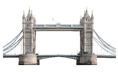 Iconic British landmark; ornate suspension bridge with two large towers and intricate architectural details