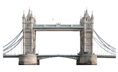 Iconic British landmark; ornate suspension bridge with two large towers and intricate architectural details