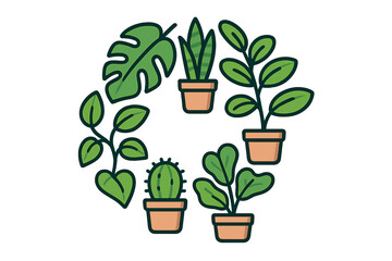 Fototapeta premium Collection of various potted houseplants arranged in a circular pattern