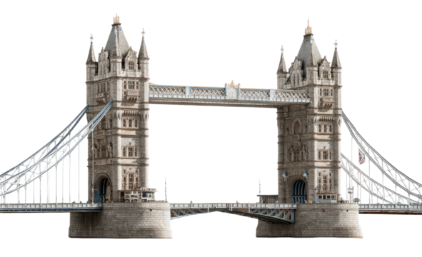 A detailed, digitally rendered illustration of the iconic London landmark, a bridge with twin towers