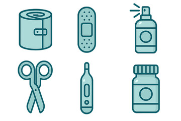 Collection of essential medical and first aid supply symbols for healthcare concepts