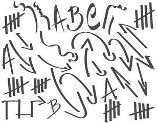 Set of different arrows and shapes. Doodle style for funky visual presentations. Handmade letters and signs