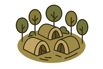 Three dome tents pitched in a forest clearing with stylized trees