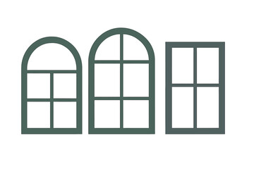 Three distinct architectural window shapes with muntins and decorative arches