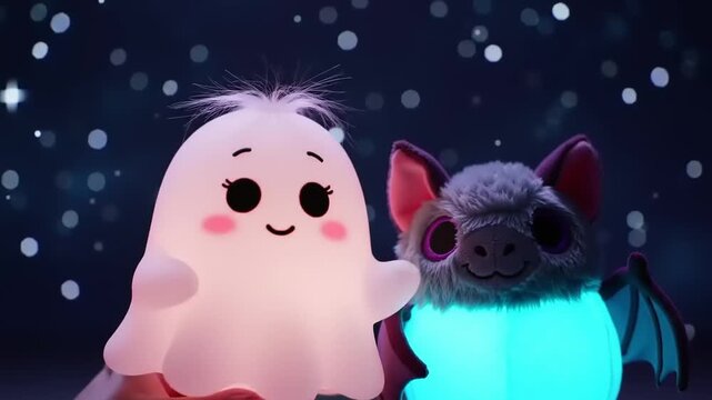 Cute ghost and bat figurines glow softly under a starry night sky, creating a whimsical and enchanting halloween atmosphere.