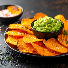 Crispy sweet potato chips with vibrant green guacamole