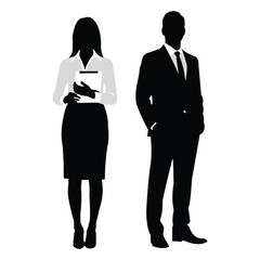 Creative design vector art of silhouette of a professional businesswoman holding a tablet and a businessman in a suit