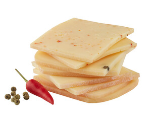 Cheese slices, fresh red chilies and dried chili seeds cut out isolated transparent background