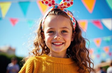 A smiling young girl with curly hair wearing a colorful polka dot headband and yellow sweater at an outdoor celebration with festive bunting in the background