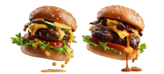 Two gourmet hamburgers, featuring sesame seed buns, cheese, tomato, lettuce, and dripping sauce