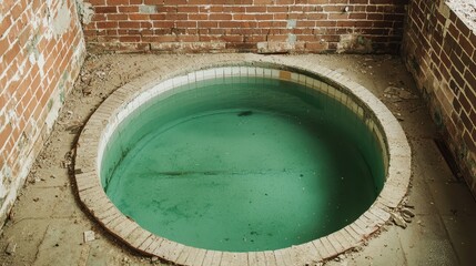 Fototapeta premium An abandoned round pool with greenish water surrounded by weathered brick walls and debris