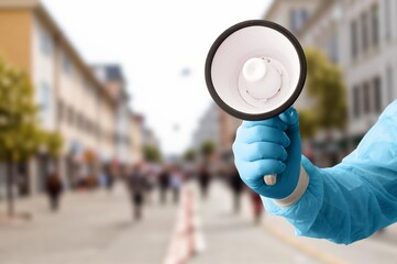 Fight against corona virus hand with golves fight with Virus.