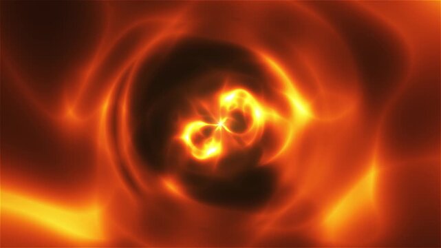 Abstract fire whirlwinds in bright shades of orange, red, and yellow on a dark background. The vibrant light patterns and their dynamic movement create an effect of energy and warmth.