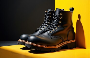 Black leather boots with sturdy soles placed against a contrasting yellow and dark background