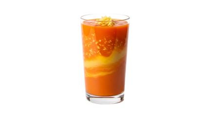 Refreshing tomato juice with a swirl of yellow and shredded cheese on top on transparent background