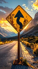 A road sign warns of winding curves ahead in a landscape