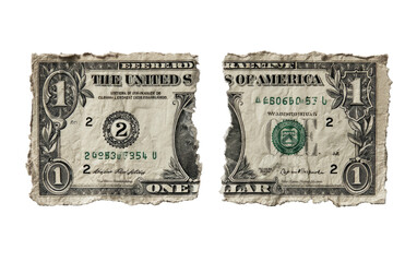 Two pieces of a torn dollar bill, showing details like serial numbers and a portrait