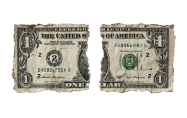 Two pieces of a torn dollar bill, showing details like serial numbers and a portrait