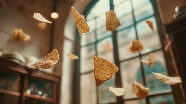 Golden, triangular food items float in a blurred, cozy interior near a tall window
