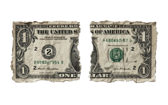 Two pieces of a torn dollar bill, showing details like serial numbers and a portrait