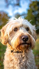 Close-up of a fluffy, light beige dog